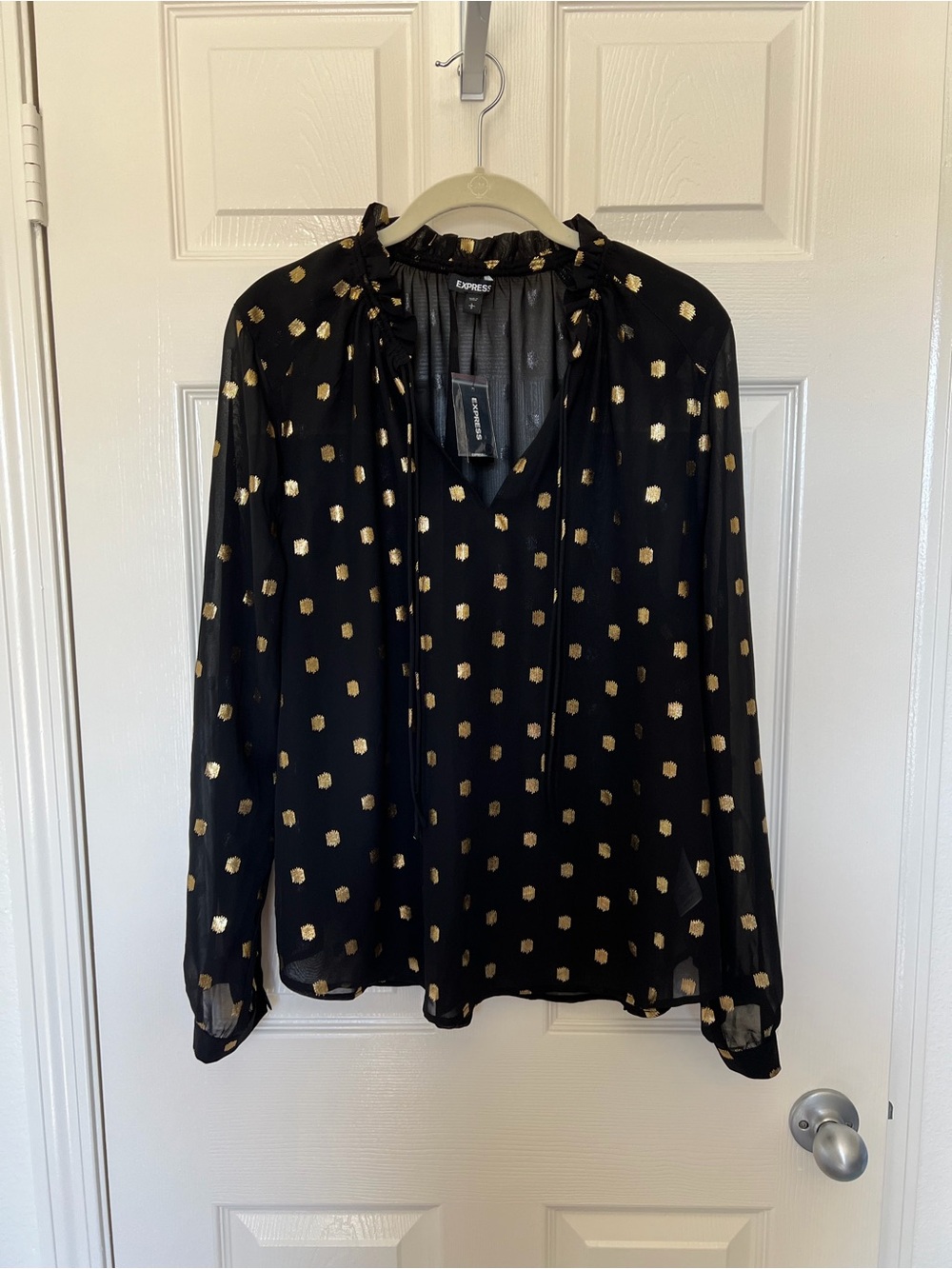 Express Black Blouse with Gold Dot Accents